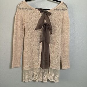 A'Reve Sheer Lace Pink Bow Fairycore Lagenlook Mori Girl Hippie Earthy Top M